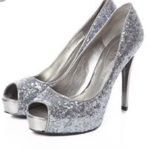 Guess open toe glitter sparkly silver pumps
